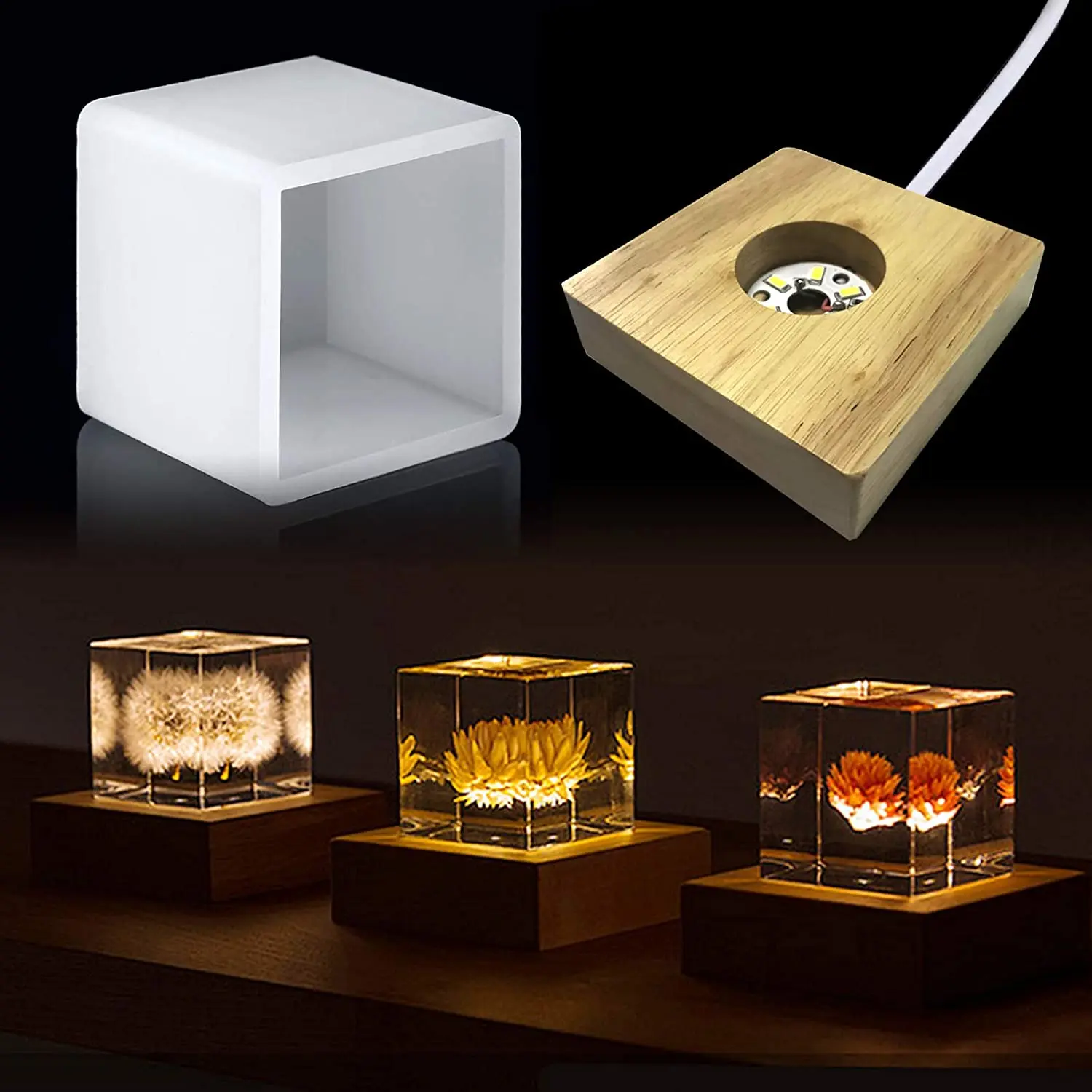1Pcs LED Night Light Wooden Square Base Holder Display Stand For Crystals Glass Ball Illumination Home Decoration Handicraft
