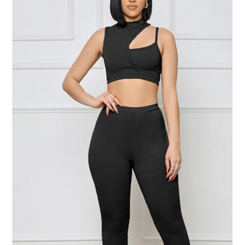 Summer Early Autumn New Women's Solid Color Single Shoulder Hollow Sleeveless Sexy Crop Pants Fashion Casual Two-piece Suit
