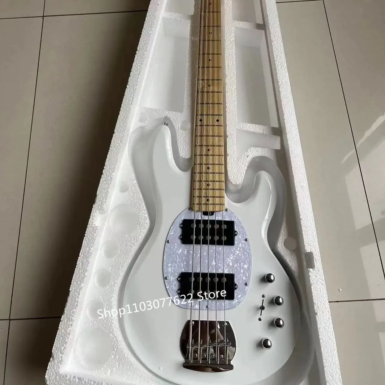 

Factory outlet Wholesale top quality White Music Man 5 Strings Electric Bass guitar with initiative to pickups 9V battery guitar