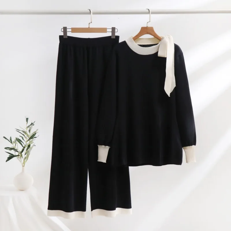 Elegant Bandage Winter Women Knitted Suit Casual 2 Piece Pants Top Matching Set Sexy Slit Knitted Two Piece Set For Women