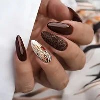 24Pcs Autumn Winter Matte Almond False Nails with Glue Rose Leaf Printing Nail Art Simple Full Cover Press on Acrylic Nails Tips 3
