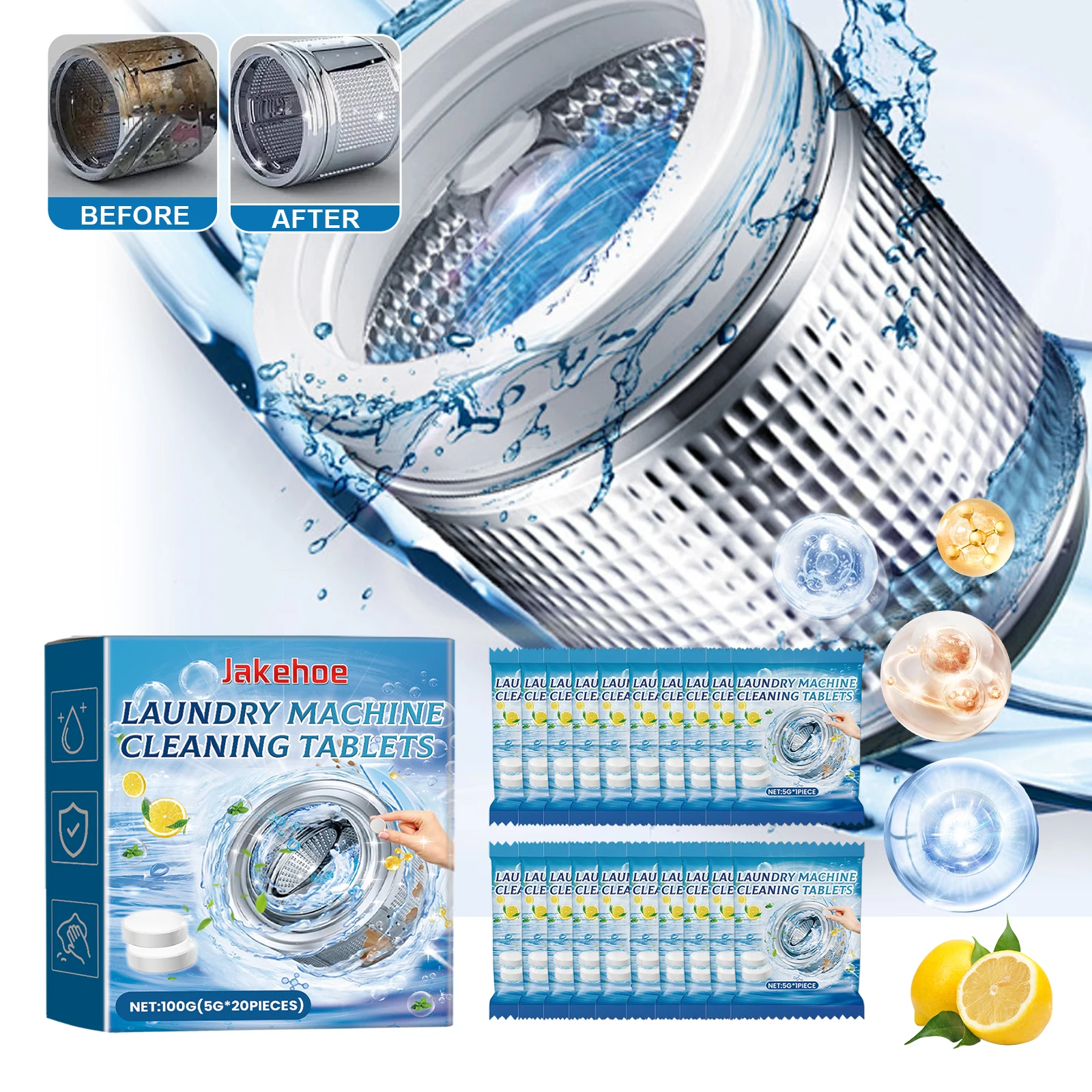 Comprimés nettoyants pour Machine à laver, 20/40/60 pièces, lave-linge à tambour, nettoyage en profondeur, déteste les odeurs, dissolution rapide, parfum longue durée