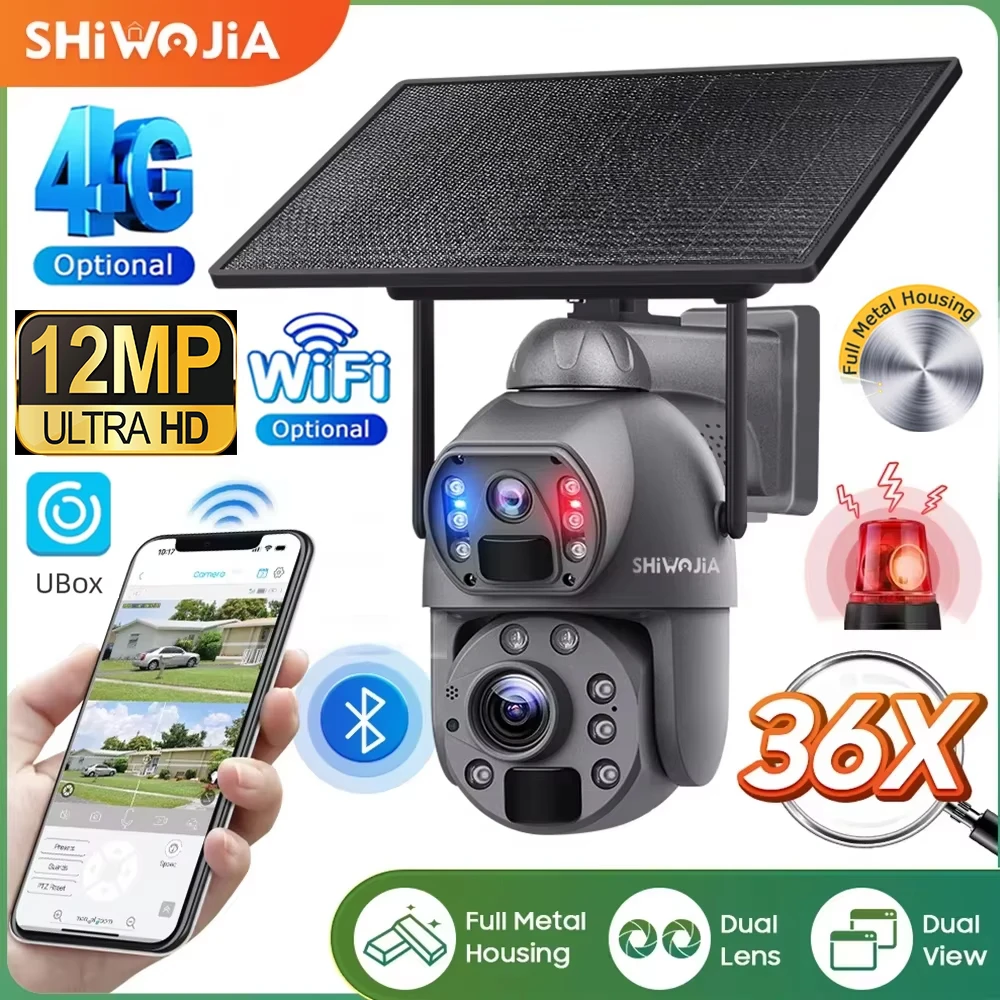 SHIWOJIA 36X ZOOM 12MP 4G SIM Solar Camera Outdoor 360° Wireless WIFI Battery Security Cameras with Solar Panel PIR Night Vision 1