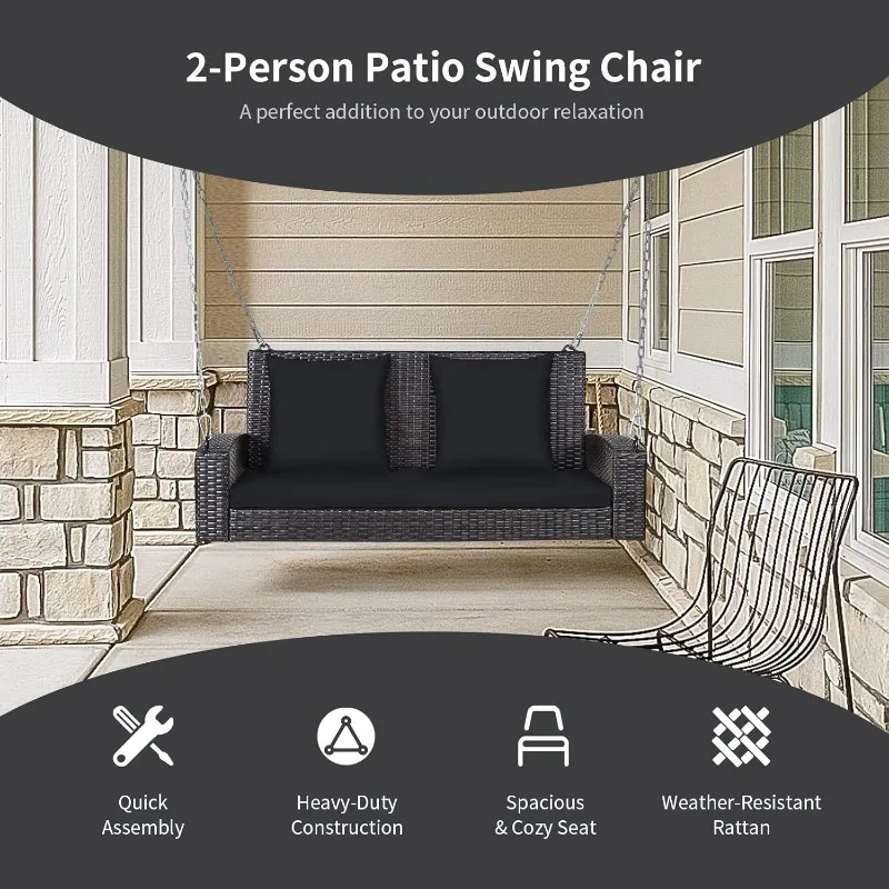 RELAX4LIFE Porch Swing 2-Seat Patio Rattan Wicker Porch Swings Outdoor W Two 7.9 Ft Solid Steel Chain Comfortable Back a 5