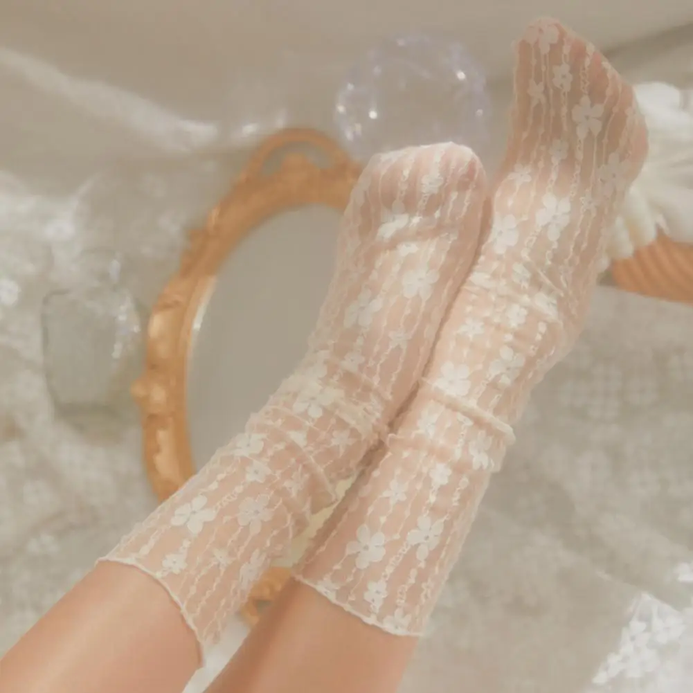 Weiche Lolita Süße Weiße Flor Socken Frauen Mesh Fishnet Dünne Nylon Seide Retro Blume Spitze Socken Damen – Detail 7