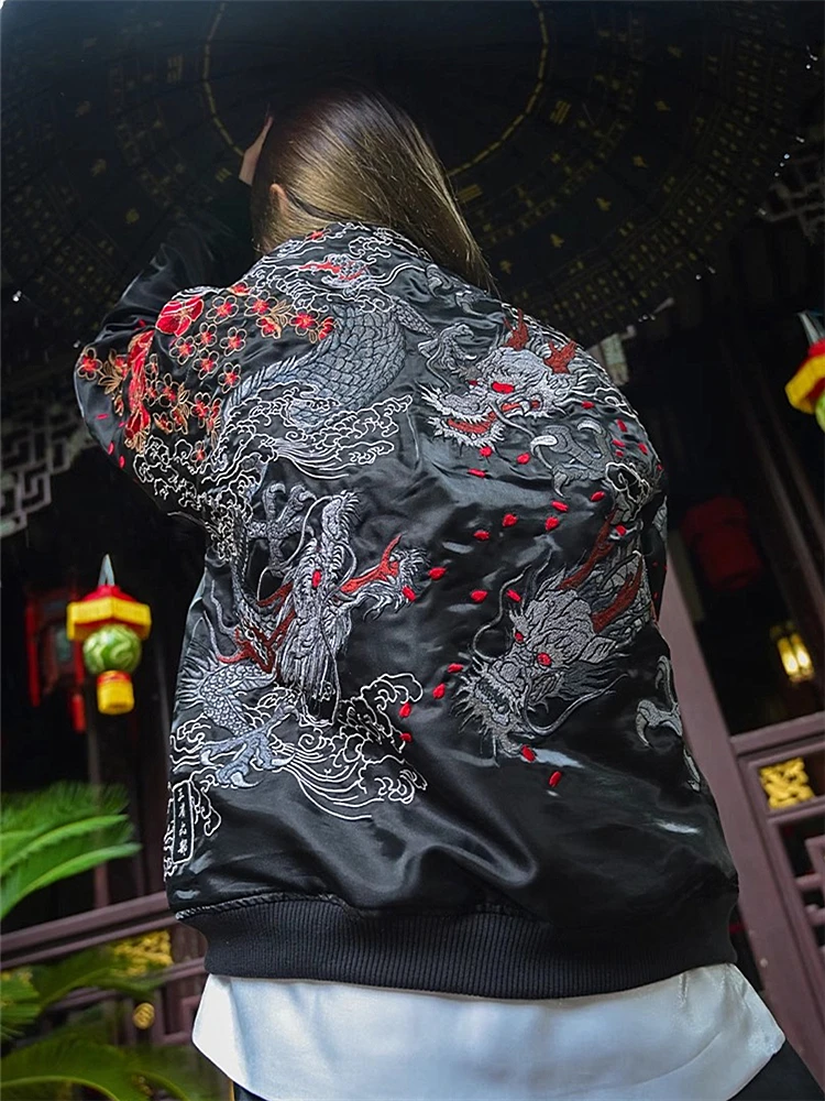 New Men Boys Black Dragon Peony Embroidered Reversible double-sided Sukajan Souvenir Jacket  2024 China Dragon Year Exclusive 3
