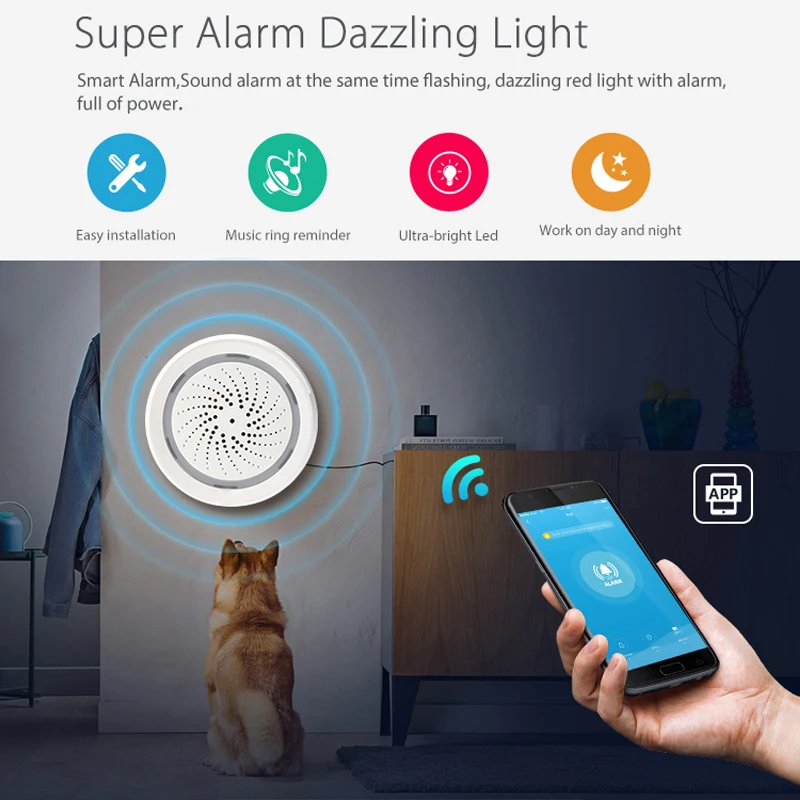 Alarma de sirena WiFi Tuya Smart Life, altavoz fuerte de 100dB, 18 tonos de llamada con alerta de luz estroboscópica para sistema de seguridad del hogar