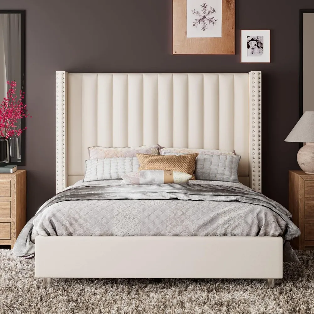 Queen Size Bed Frame Upholstered Platform Bed with Tall Headboard Wingback,Velvet,No Box Spring Needed,Easy Assembly 3