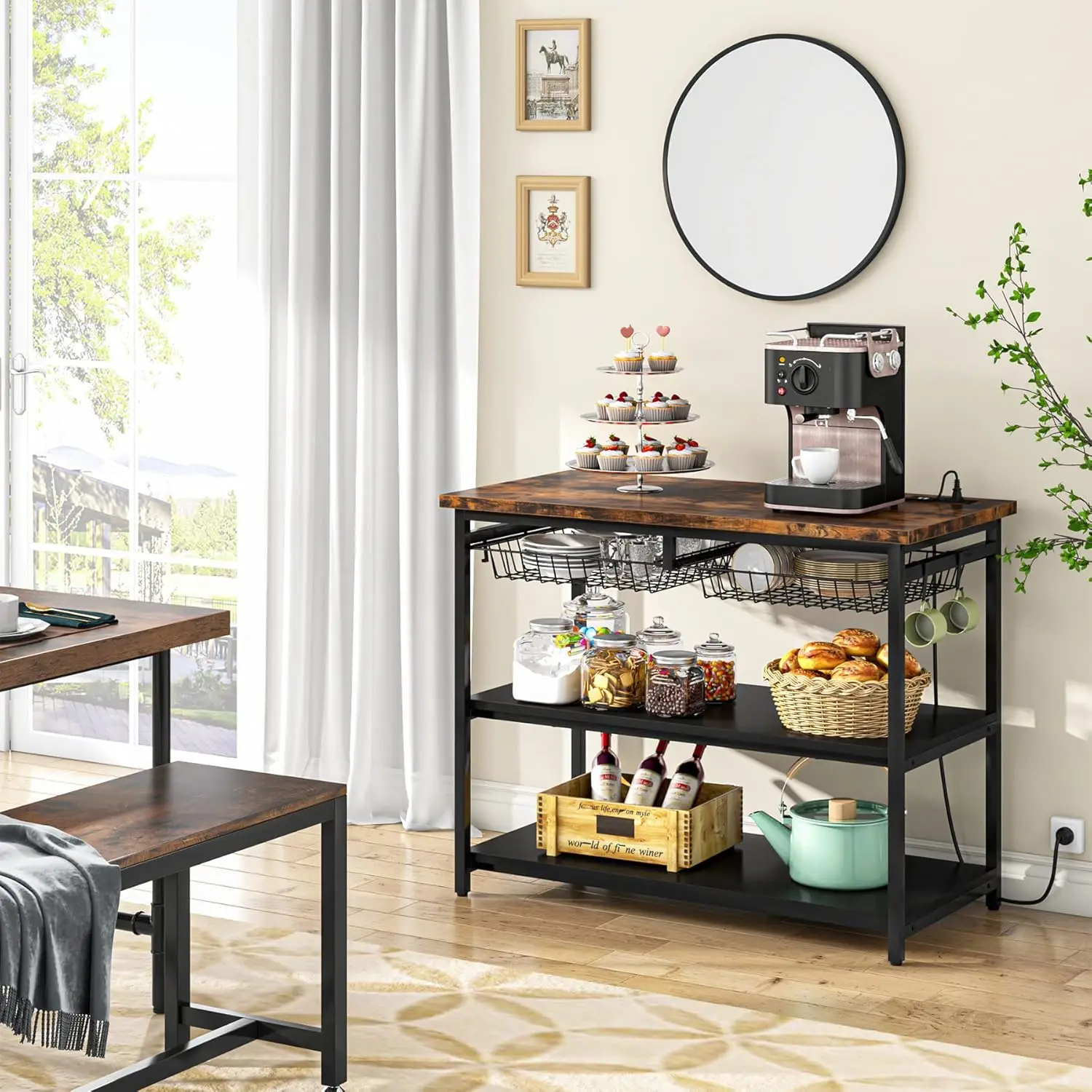 Kitchen Island with Storage, Industrial Island Table with Power Outlets and Wire Baskets, 3 Tier Microwave Oven Stand
