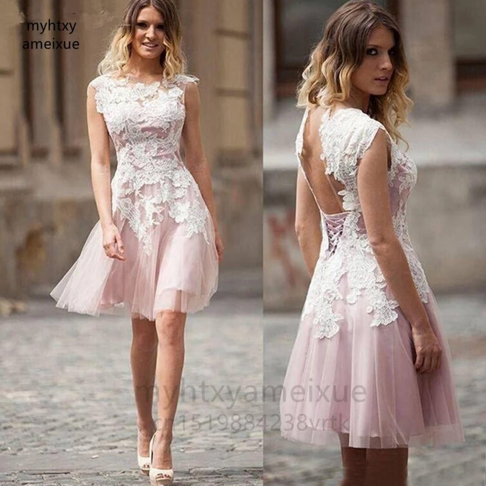 

Sexy Charming New Pink Homecoming Gowns Lace Short Cocktail Dresses Knee Length Cap Sleeves Wedding Party Gowns Appliqued