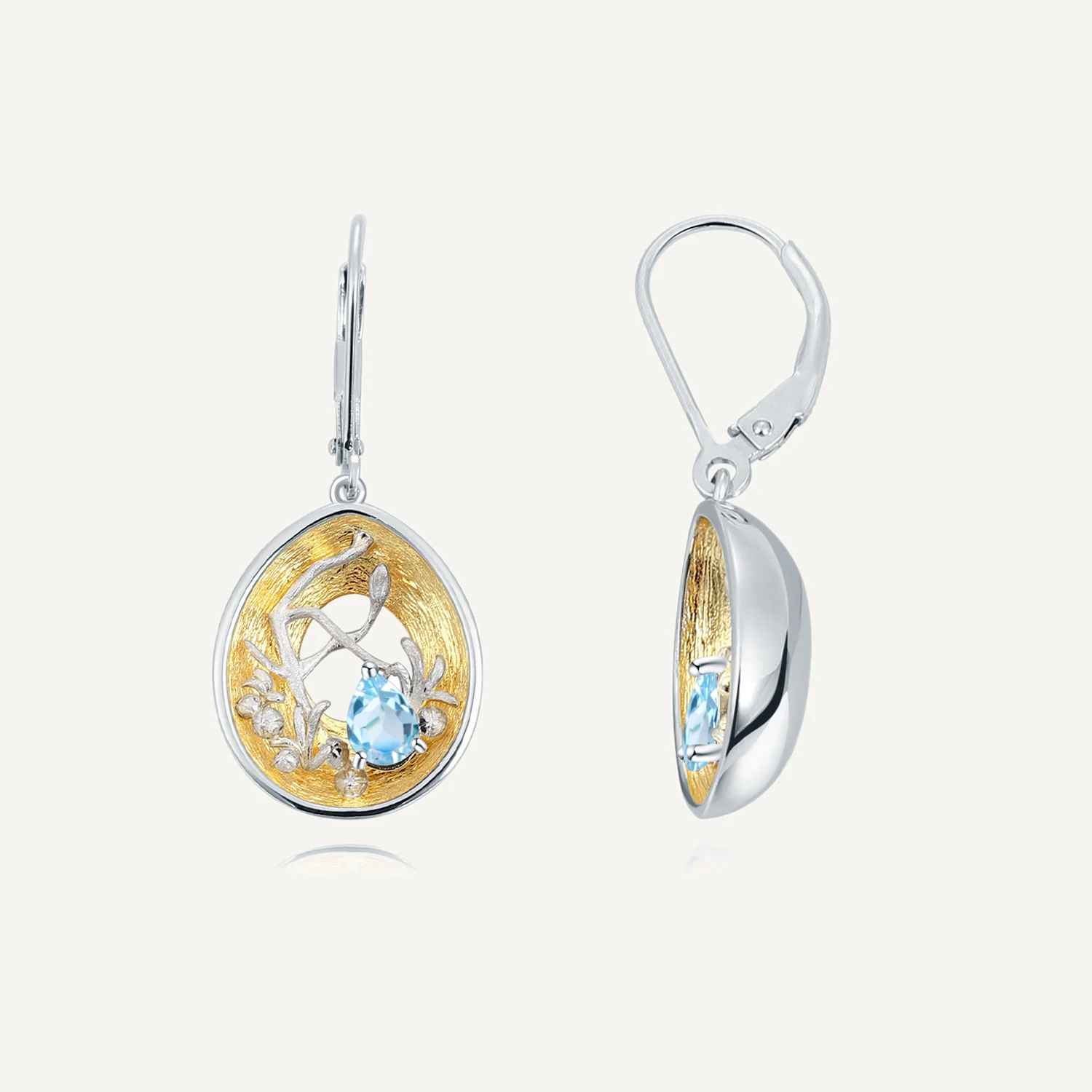 

GEM'S BALLET Natural Swiss Blue Topaz Earrings for Women 18k Gold over 925 Silver Hollow Handmade Branch Bud Drop Earrings