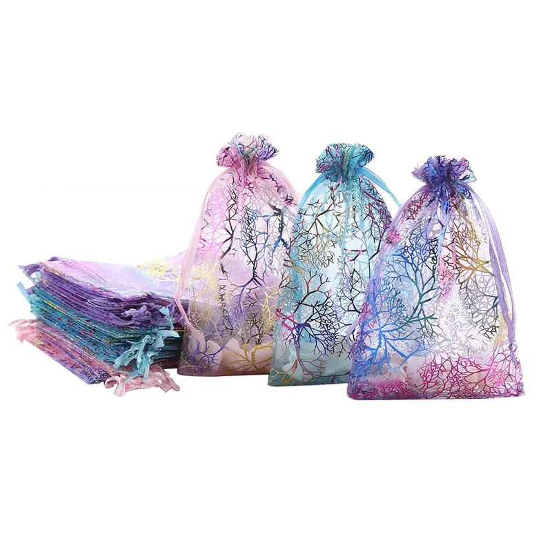 

100PCS/Set Popular Drawstring Organza Coral Bronzing Colorful Favors Packaging Wedding Gift Bags Christmas Party Decor Pouches