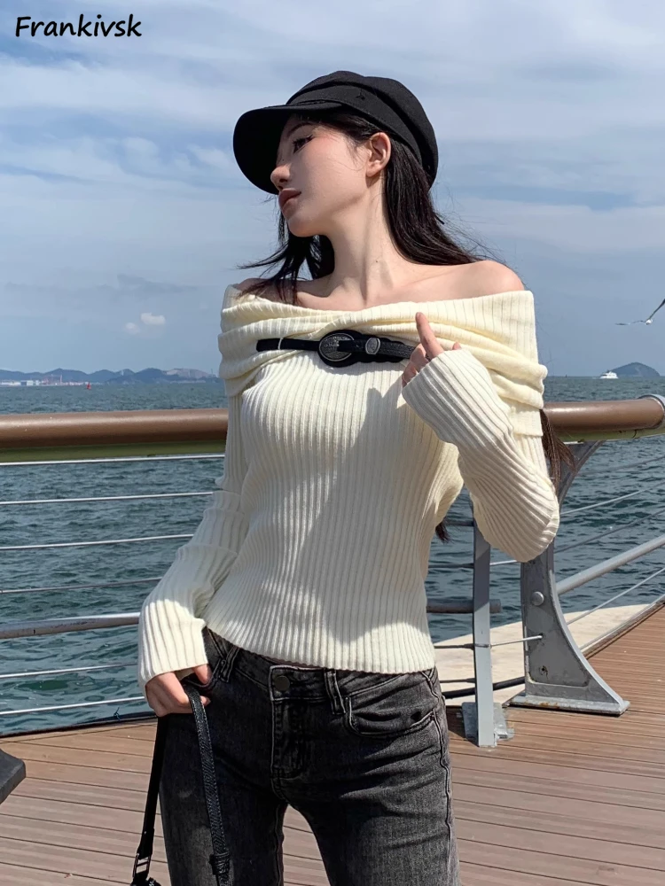 

Off Shoulder Sweaters Women Slash Neck Hotsweet Sexy Leisure Slim Retro Temperament American Style Moto Biker Long Sleeve Autumn