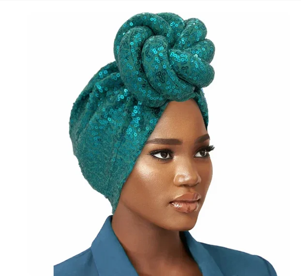 

Fashion African Head Wraps Muslim Headscarf Bonnet Turbante Mujer Sequins Twisted Flower Indian Turban Chemo Cap for Women Hat