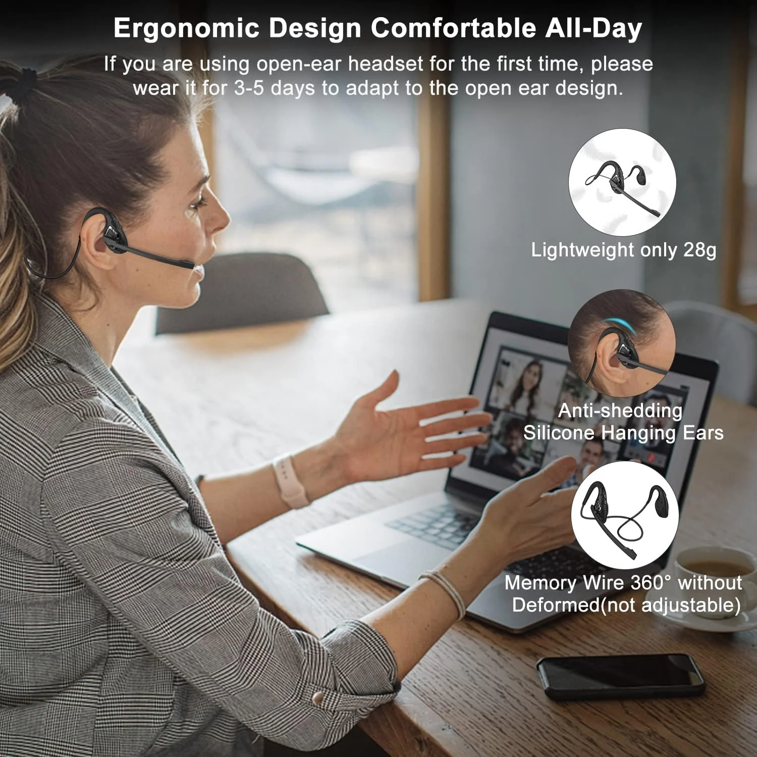 Casque Bluetooth à Oreilles Ouvertes, Microphone Antibruit AI