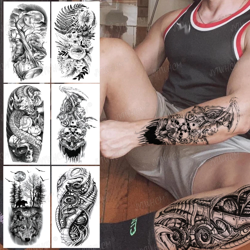 

Forest Tattoo Sticker For Men Women Children Tiger Wolf Death Skull Temporary Tattoo Fake Black Henna Skeleton King Animal Tatoo