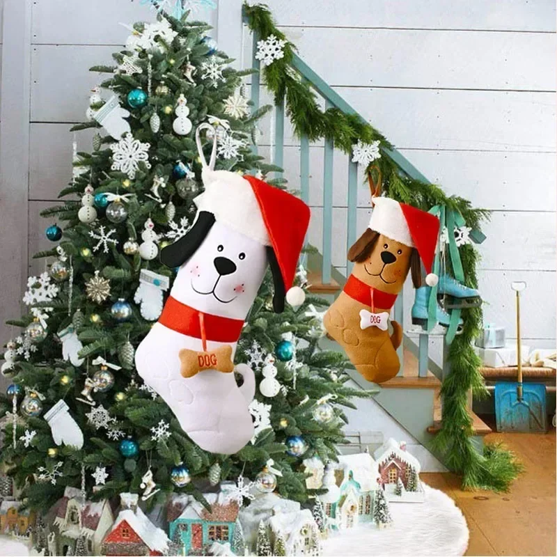 Dog Bone Shape Christmas Stockings Christmas Gift Bag Tree Fireplace Decoration Socks New Year Candy Gifts for Kids Pet