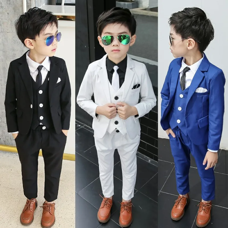 

Children Formal Dress Suit Sets For Wedding Party Boys Blazer +Vest + Pants 3Pcs Outfits Kids Baptism Costume Royal Blue