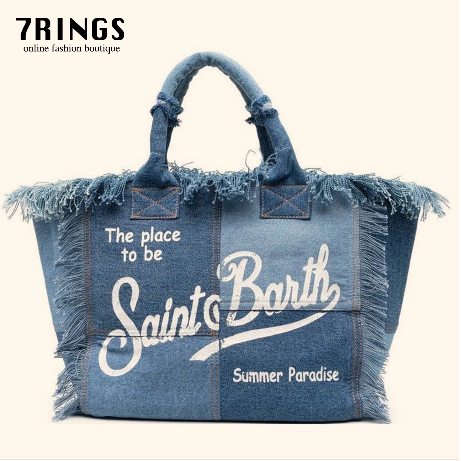 

7rings Trendy Fashion Style Chic Demin Tote Bag Letters Print Bag for Women Casual Street Holiday Fashion Cool Korea Design