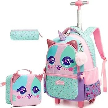 3PCS Cute Rolling Backpack for Girls Backpacks with Wheels for Elementary Students Kids 3 in 1 Travel Luggage Carry on Suitcase 1