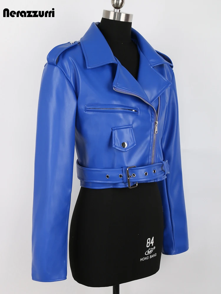 nerazzurri-spring-autumn-blue-cool-short-soft-faux-leather-biker-jacket-women-long-sleeve-belt-high-quality-clothing-fashion