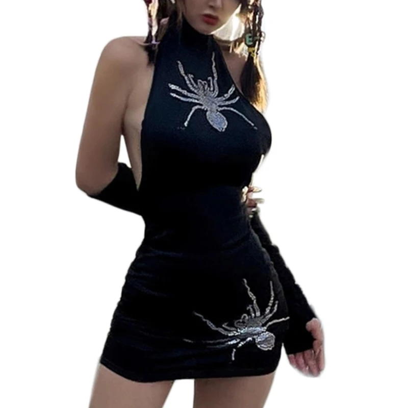 

Women Gothic Hot Drill Sexy Sleeveless Backless Halter Bodycon Mini Dress