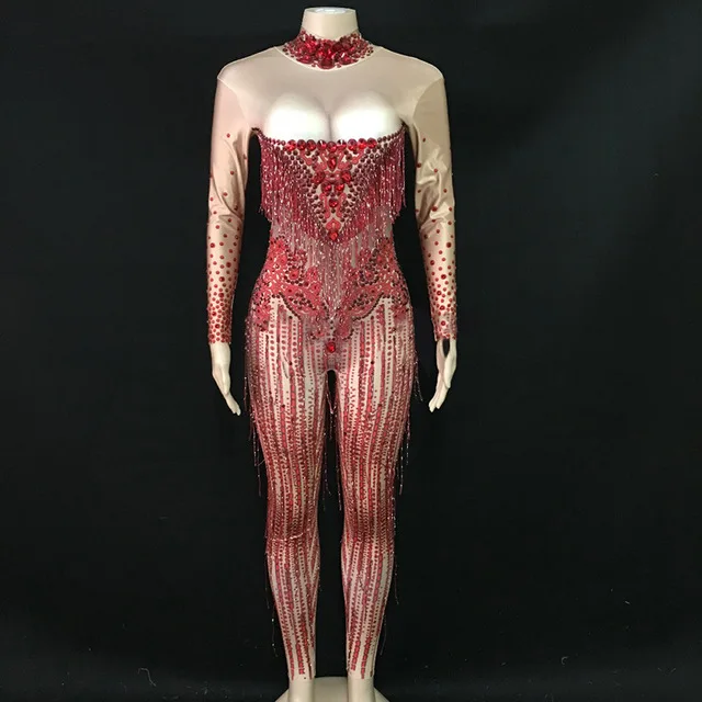 Bright red monkey dancing for women with purple and Bora stones birthday party bar stretch suit singer