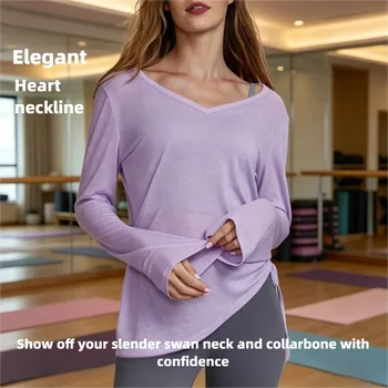 Women's long-sleeve yoga cover-up for autumn, side-waist tie T-shirt, loose casual shirt, fashionable fitness and sportswear 1
