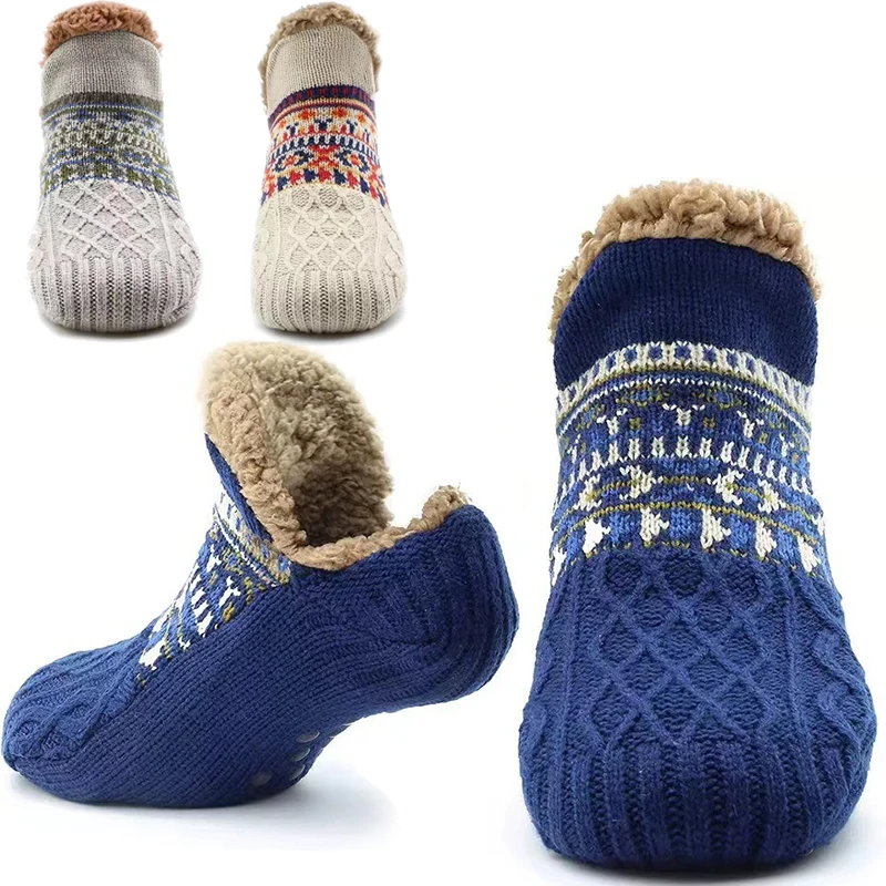 Winter Indoor Home Slippers Socks Men's Floor Socks Knitted  Plus Fleece Carpet Sock Home Bedroom Sleeping Sock Non-slip