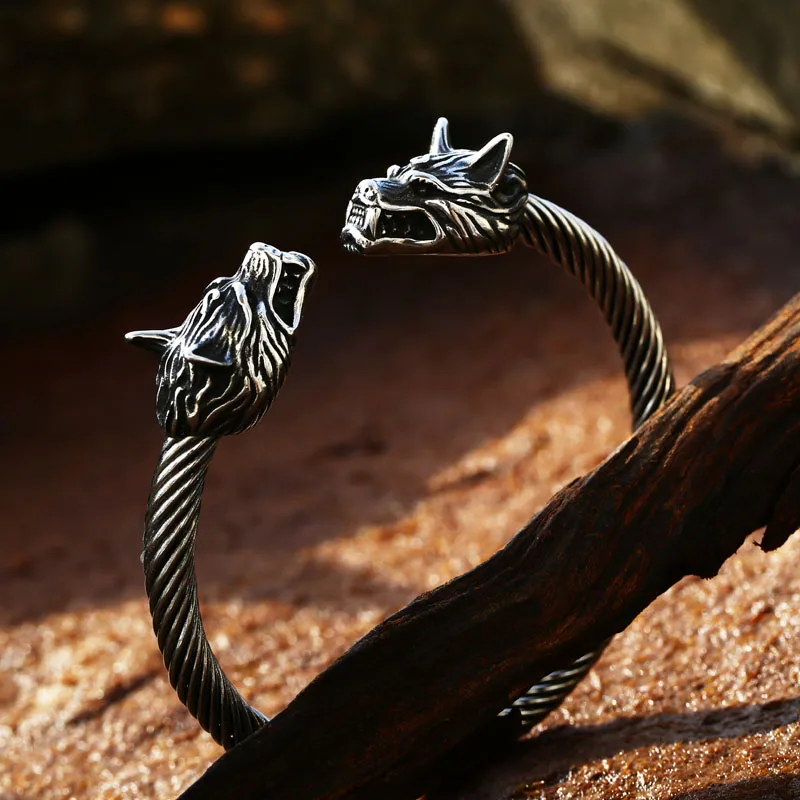 Beier Classic Animal Viking Double Wolf Head Adjustable 316L Stainless Steel Men's Bracelet Fashion Double Snake Heads Jewelry bangle bracelet stainless steel bracelet snake bangle bracelet