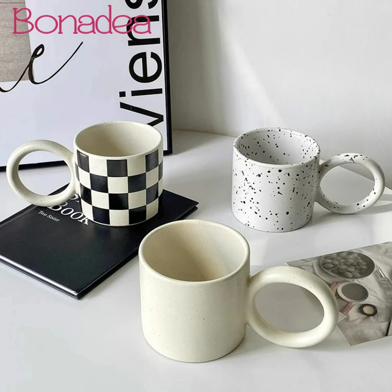 

Creative Ceramic Cups Splash ink Coffee mugs Oversized Handle Milk Mug Checkerboard Ceramic Latte Cup Home Cafe Accessories