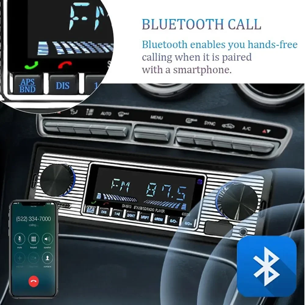 1 Din Car Radio MP3 Player Vintage Dual Knob Digital Bluetooth Audio Radio Multimedia Music USB SD Stereo Dash AUX Input