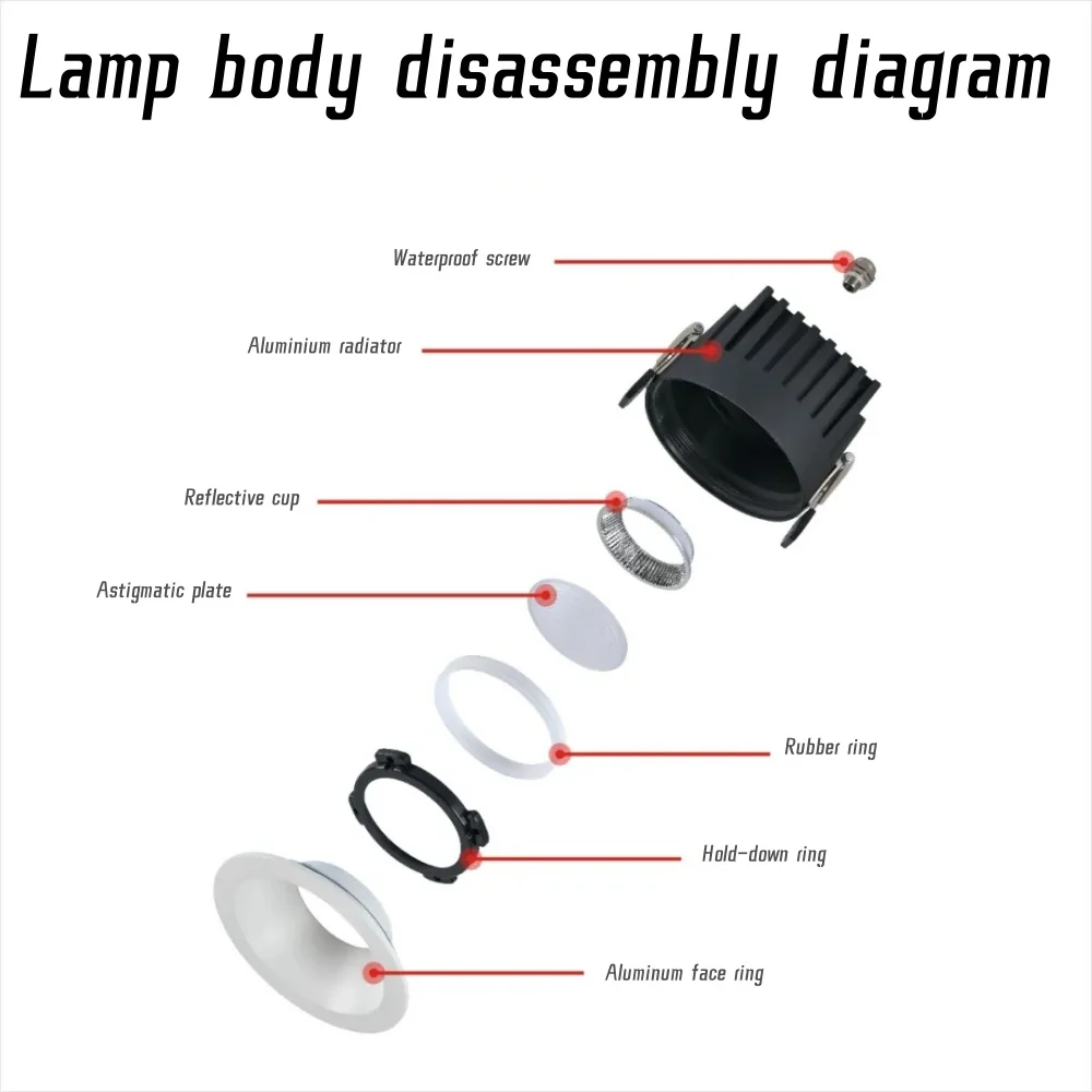 내장형 LED 눈부심 방지 다운라이트 IP65 방수 SMD 5W 10W 12W 20W 알루미늄 AC85-265V 욕실, 주방, 발코니에 적합