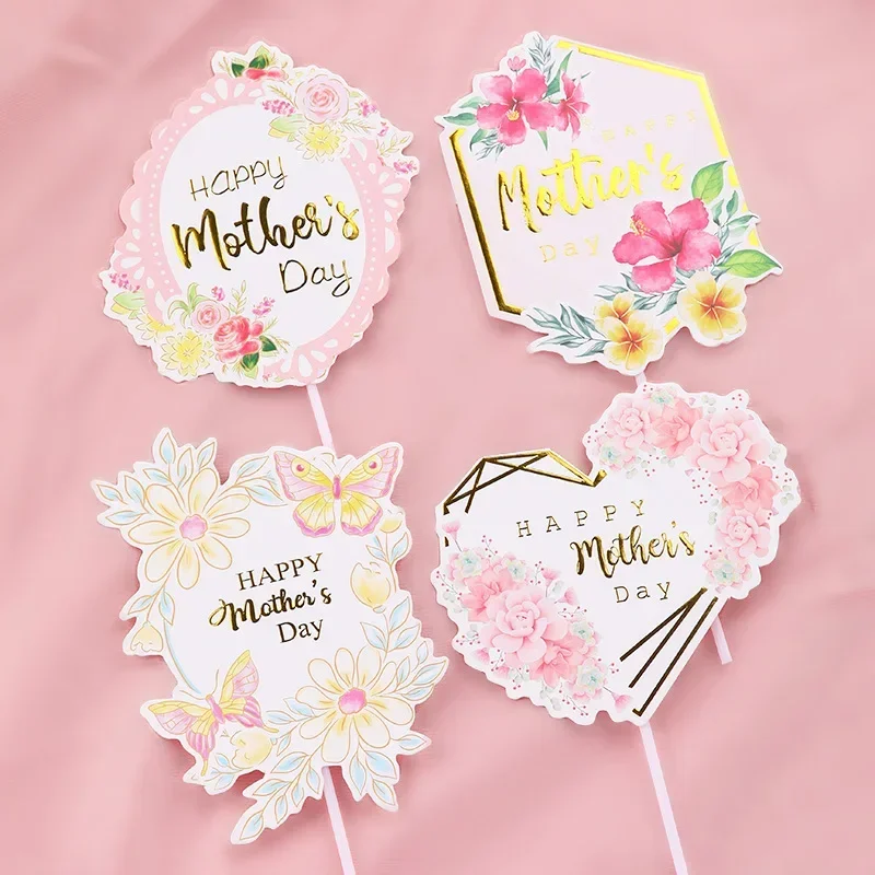 Happy Mother's Day Cake Topper Best Mom Ever Mom Birthday Party Rose Flowers Heart Butterfly Cupcake Baking Decor Flag