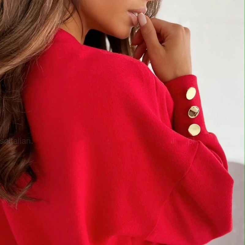 Women Long Sleeve Knitted Sweater V Neck Jumper