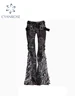 Women Black Goth Baggy Y2k Flare Ripped Jeans Oversize Denim Trousers Vintage Japanese 2000s Style Emo Jean Pants Trashy Clothes 1