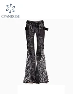 Women Black Goth Baggy Y2k Flare Ripped Jeans Oversize Denim Trousers Vintage Japanese 2000s Style Emo Jean Pants Trashy Clothes 1