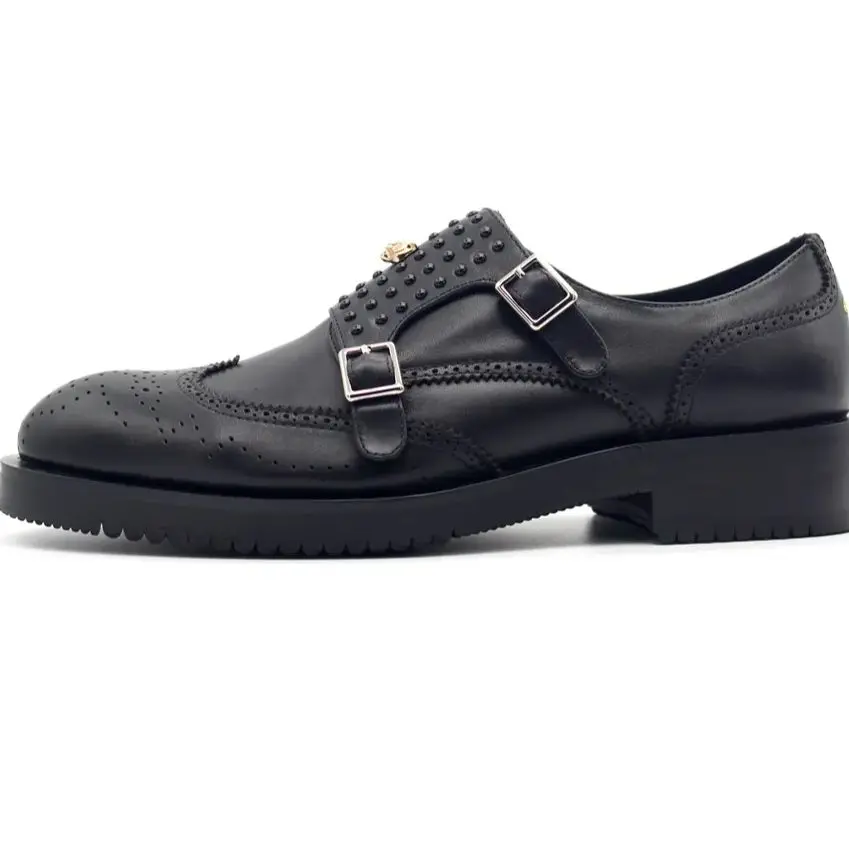 Handmade Monk Strap Rivets Black Formal Suit Dress Shoes Male Oxfords Top Quality Cow leather Men Business Shoe