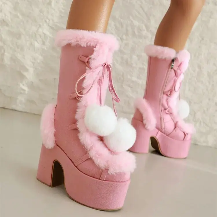 

Gothic Platform Boots Mid Calf Fuzzy Bratz Shoes Vigilance Chunky Lolita White Snow Plush Gothic Boats Y2K Doll Shoes For Women