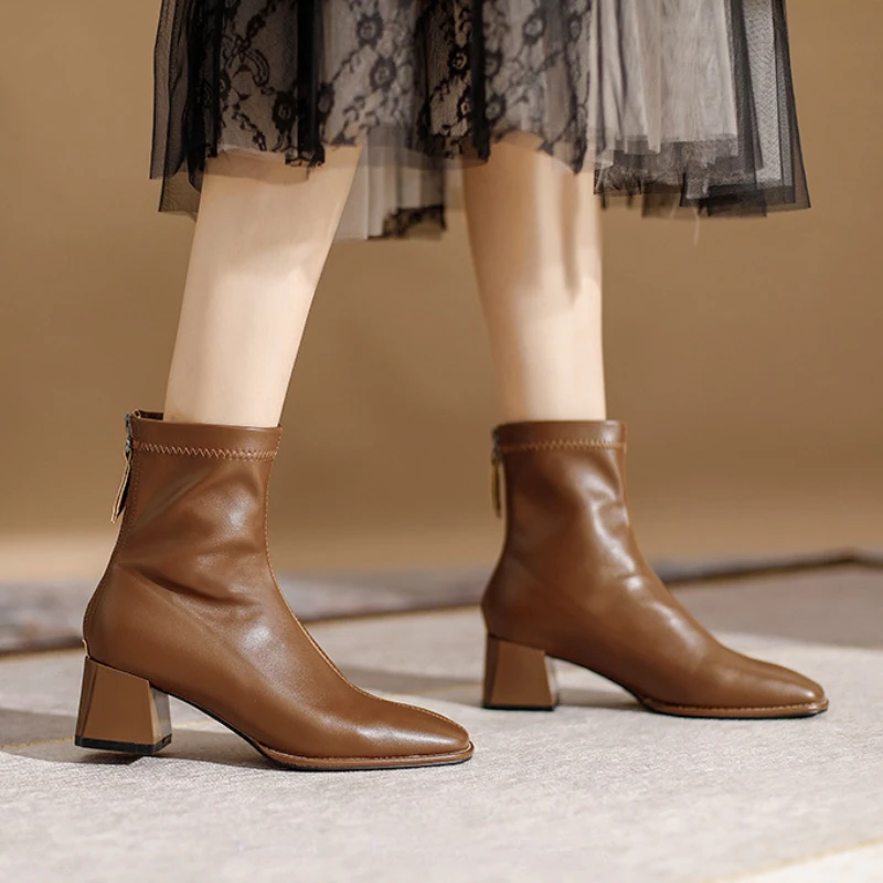 

Chunky Boots Women Luxury Designer Fashion Office Dress Shoes Ladies Comfort Square Toe Back Zip Party Short Boots Footwear