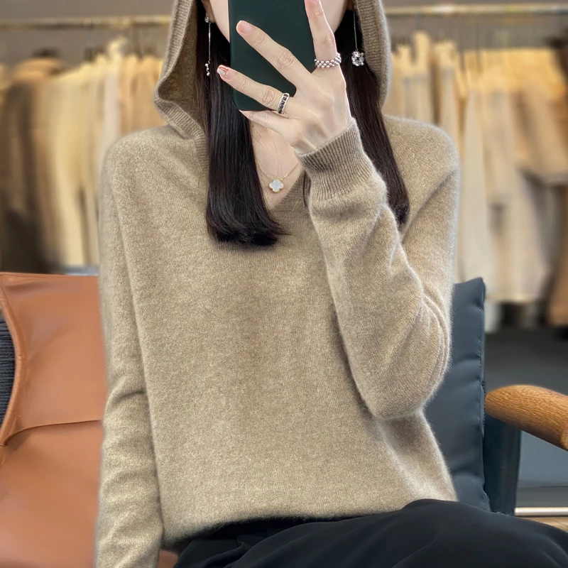 

Autumn Winter New 100% Pure Merino Wool Sweater Women V-Neck Hooded Temperament Reduced Age Underlay One Line Readymade Garment