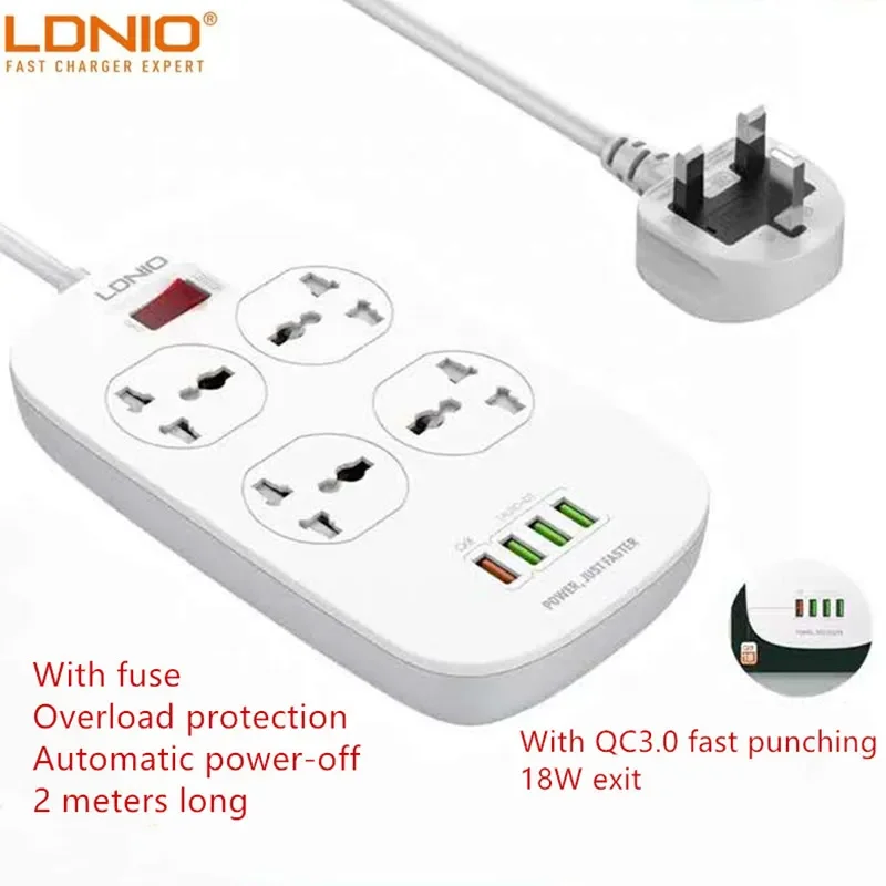 LDNIO EU ̱  2500W   QC3.0 USB    Ȯ  Ʈ, 4 USB 10A ܼƮ 2M ġ