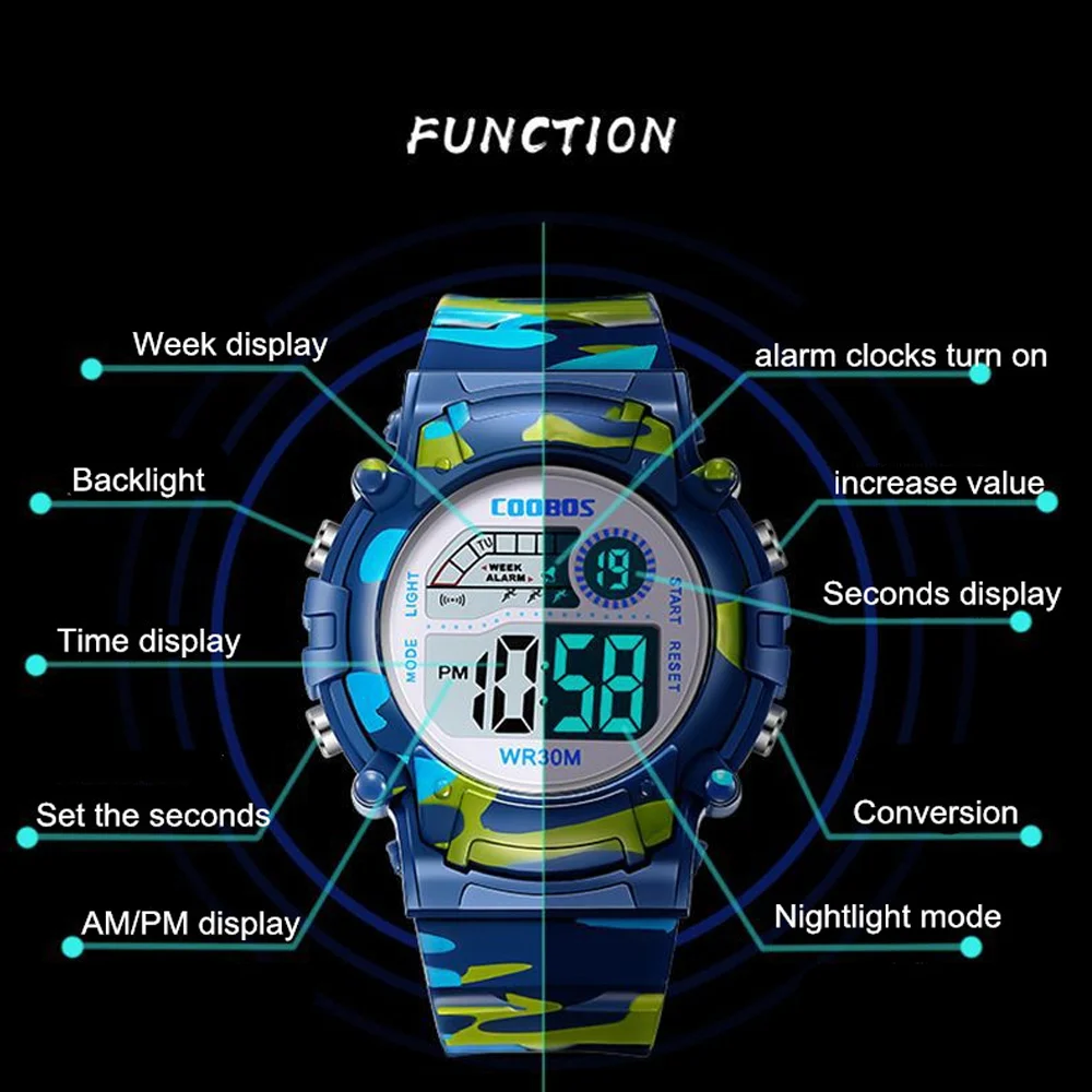 COOBOS gyerekeknek nézni Kendőzés sportok Elektronfizika Digitális nézni Vízhatlan esőköpény multi-function ledes nézni számára fiúknak lányok gyerekek nézni