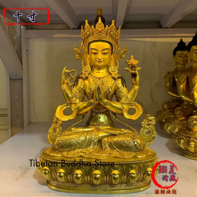 

Буддийская статуя Авалокитешвара Бодхисаттва сеико из тибетской легенды, 10-дюймовая, медная, позолоченная, высота 33 см, инкрустированная драгоценность Bou