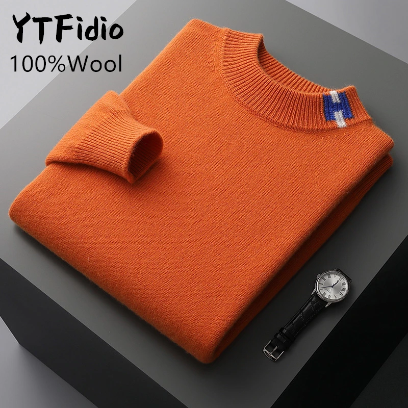 YTFidio 100%Wool Man Winter Sweater Neck Casual Jumpers Warm Solid With H Lettter thickening Knitwear Pullover Tops 130 4