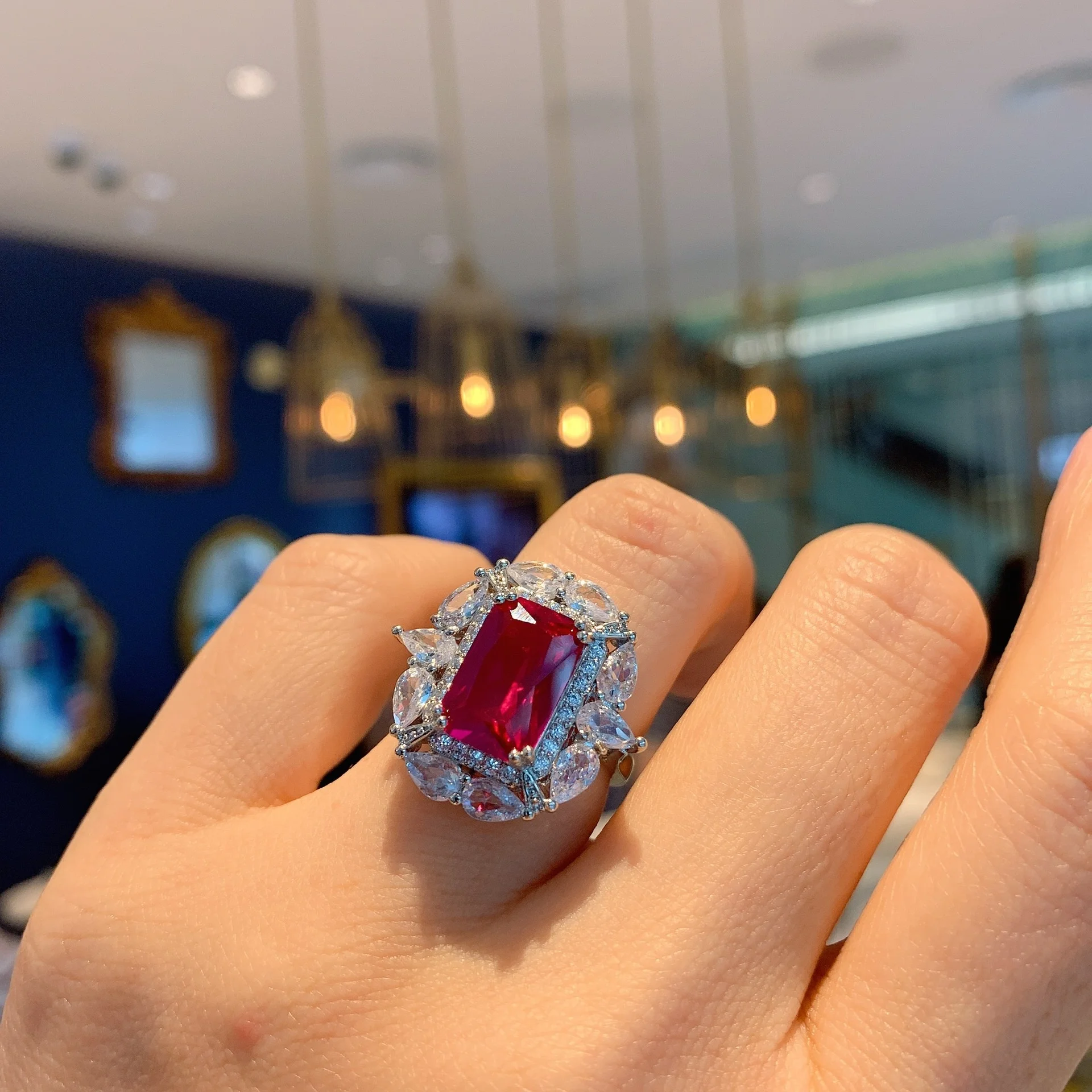 brand genuine Luxury real jewels New Imitation Red Colorful Treasure with Diamond Women's Ring