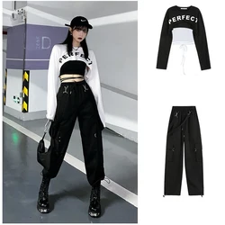 Emo Crop Top Black Cargo Pants Egirl Suit Alt Clothes Sexy Gothic Overalls T-shirt Techwear Joggers Punk Y2k Sweatpants Hip Hop