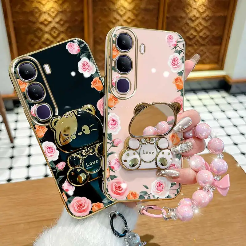 Elegant Gradation Rose Leaves Phone Case Set with Lanyard and Rabbit Stand