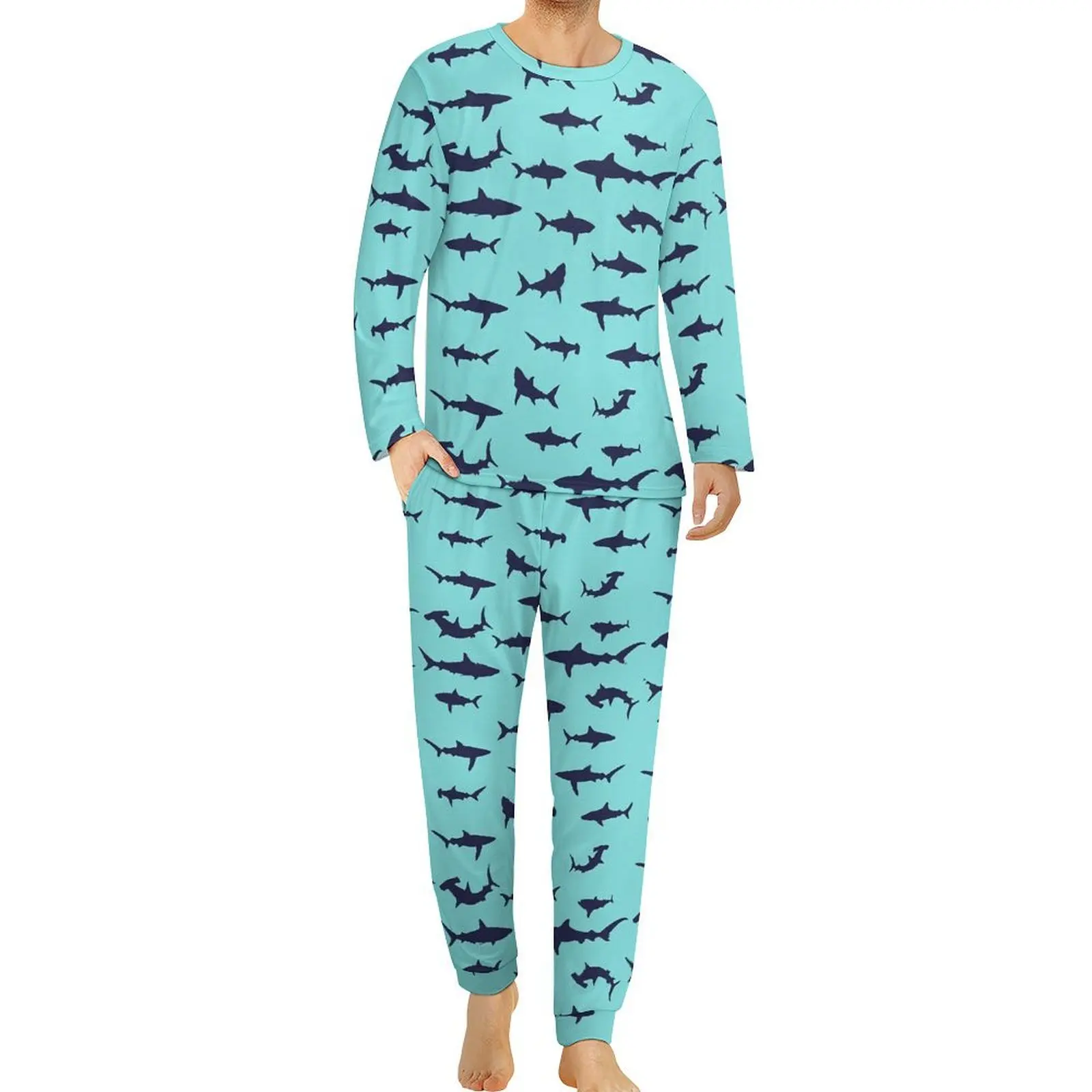 thumbnail image 1 of Pijama de tiburón blanco con silueta de animal para hombre, conjunto de pijama de manga larga moderno de 2 piezas, traje informal con gráficos para uso diario, regalo de cumpleaños, 1 of 5