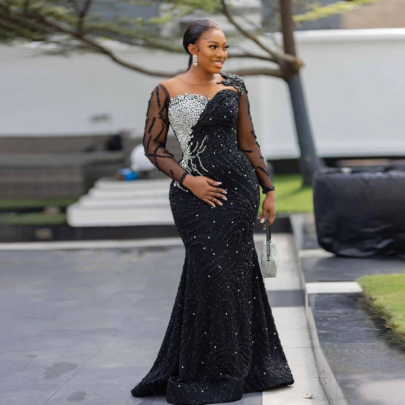 Sparkly Black Prom Dresses Aso Ebi Plus Size Evening Gowns African Beaded Sheer Long Sleeves Formal Party Dress